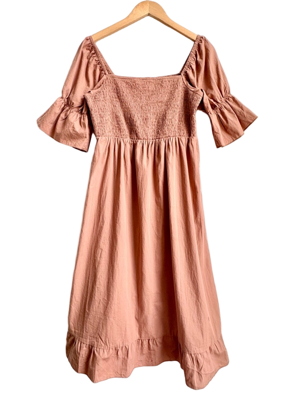 Angashion Pale Clay 100% Cotton Smocked Puff Sleeve Cottage Core Dress Med M